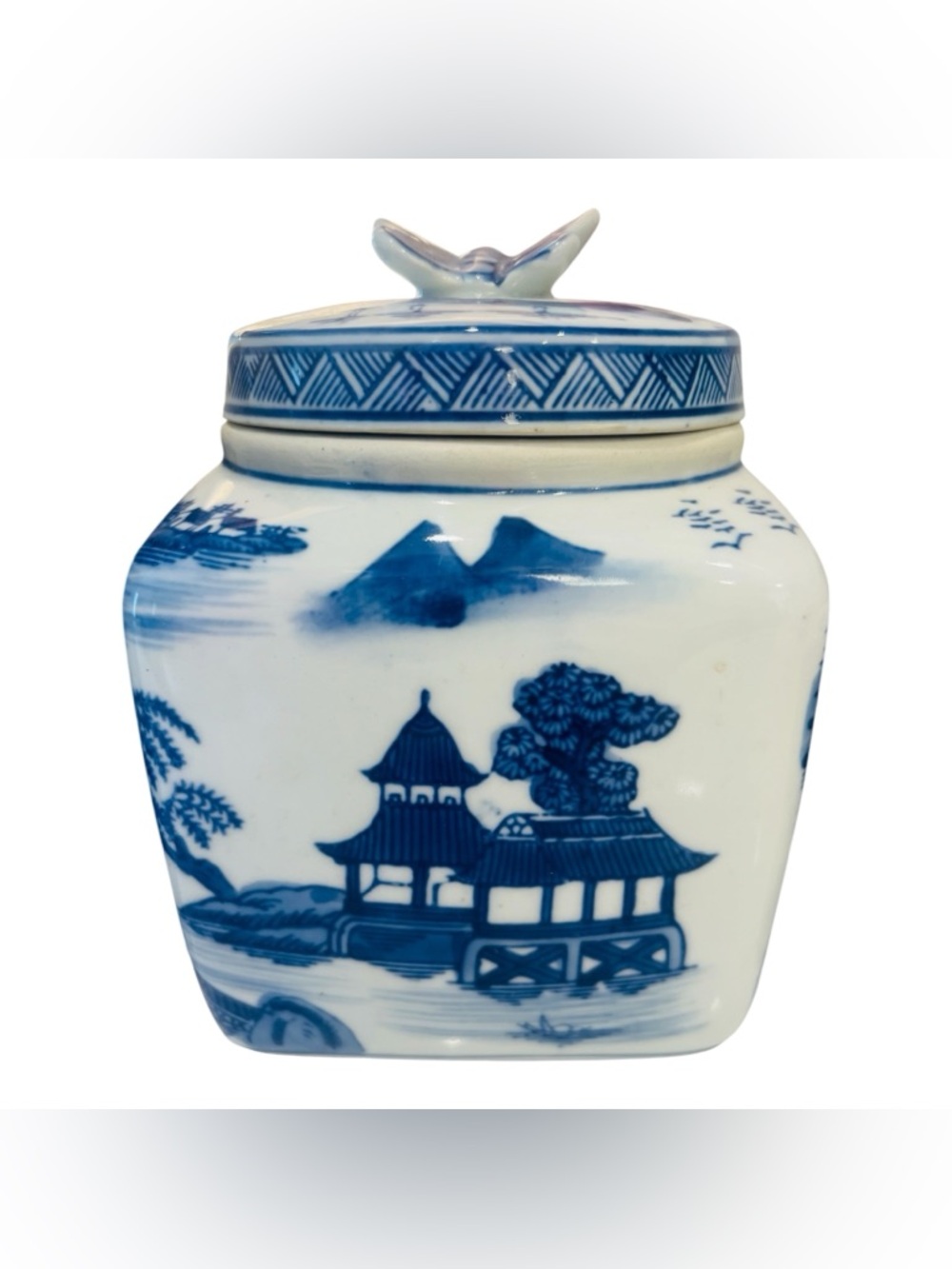 Vintage Chinese Blue & White Ginger Jar Canister Set Butterfly Lids Chinoiserie - Picture 4 of 6
